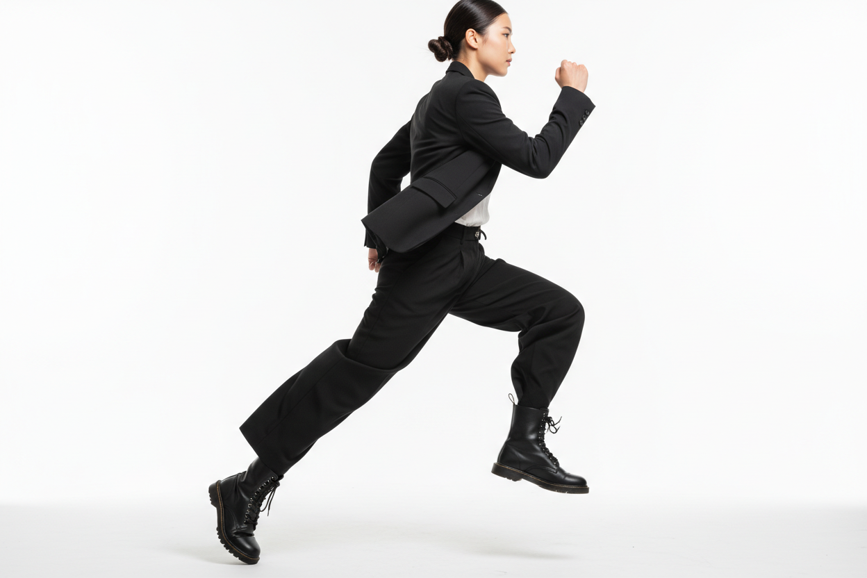side view of a 22 old age Japanese girl running with white back ground, she wear black suit ,black baggy pants and black boots.